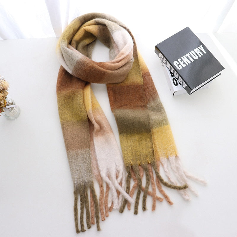 Women Cashmere Plaid Tassels Shawl Scarf