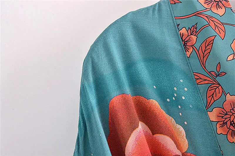 Women Star Floral Print Bat Sleeve Beach Kimono Dresses