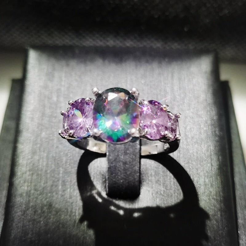 Silver Plated Rainbow Stone Rings
