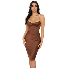 Women Elegant Satin Deep V Sleeveless Midi Dress