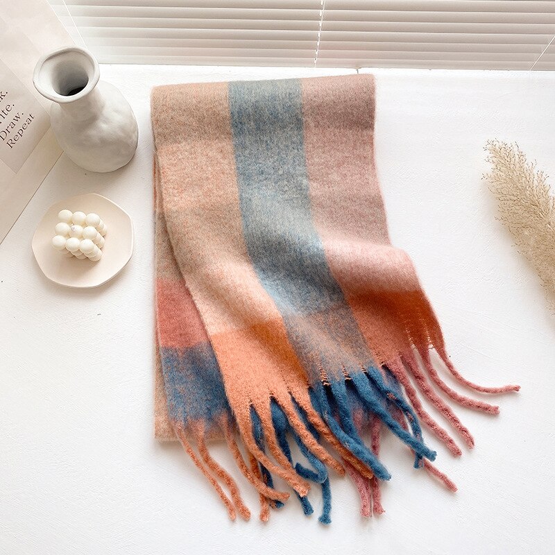 Women Cashmere Plaid Tassels Shawl Scarf