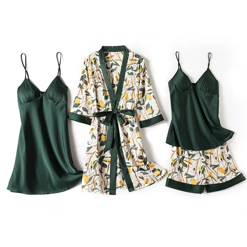 Women Satin Print Flower Robe Sleepwear