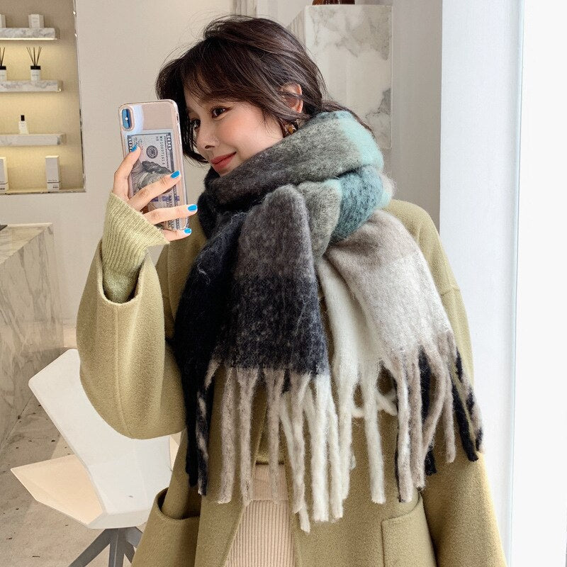 Women Cashmere Plaid Tassels Shawl Scarf