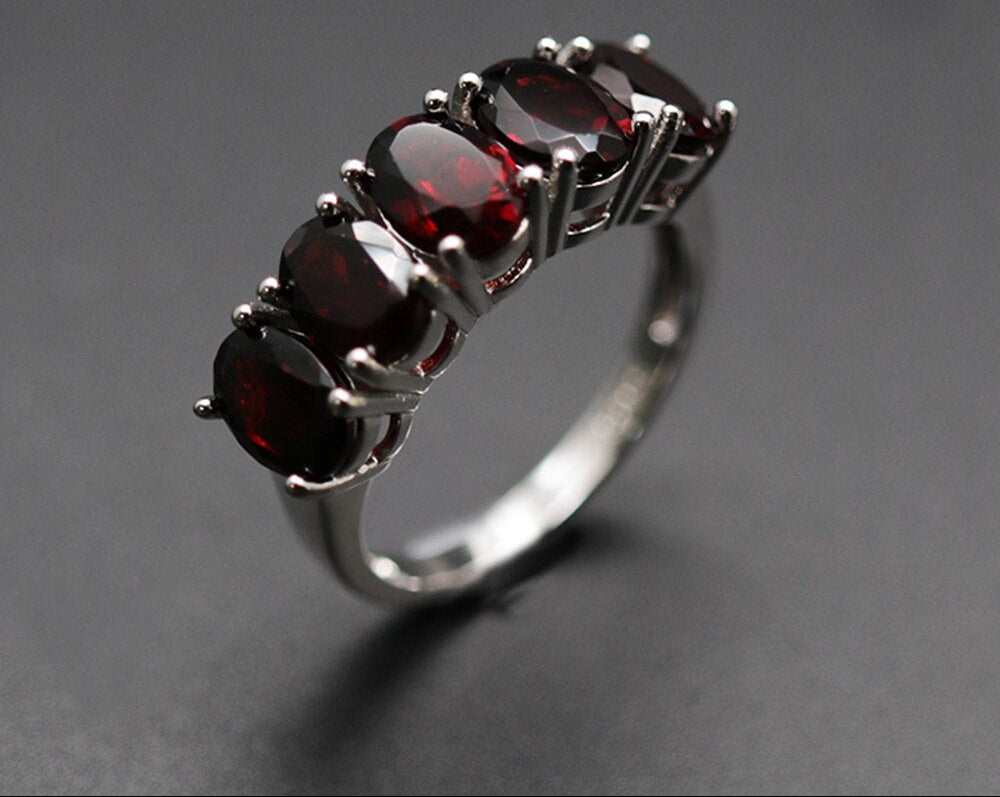 Women 925 Sterling Silver Garnet Oval Ring Earrings Set