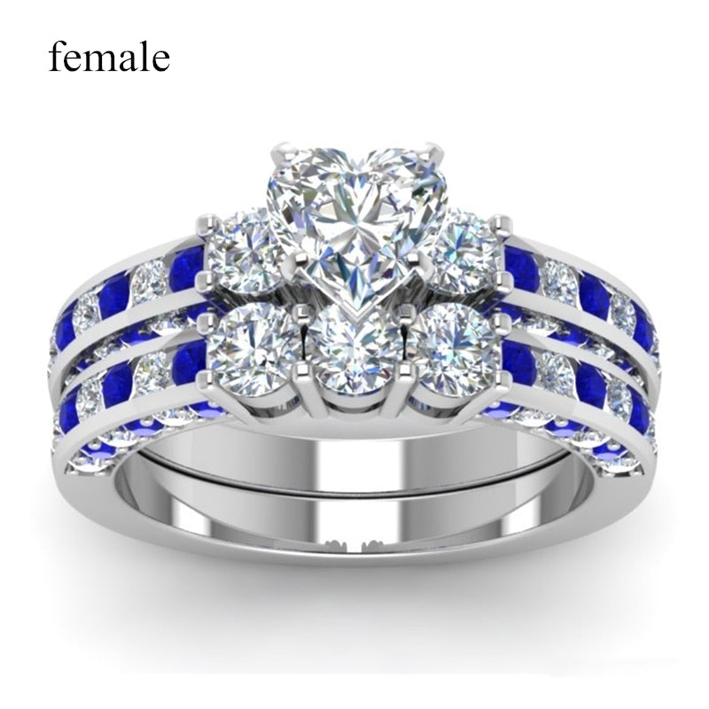 Stainless Steel Blue 8mm Unisex Heart Crystal CZ Ring Sets
