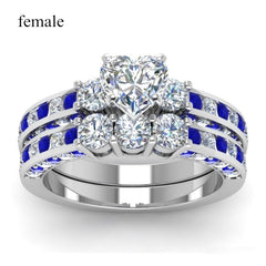 Stainless Steel Blue 8mm Unisex Heart Crystal CZ Ring Sets