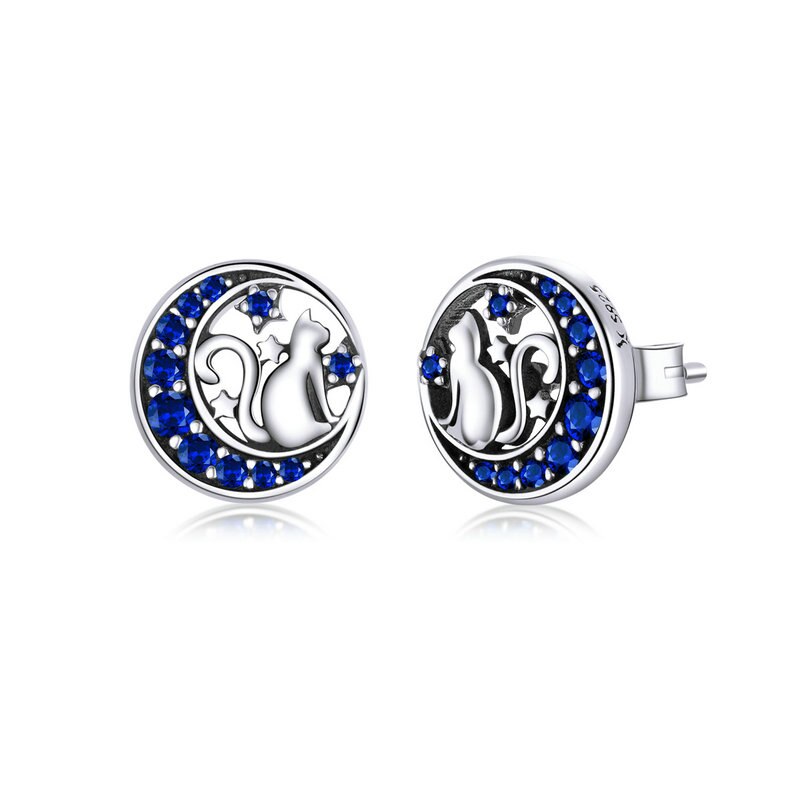 Sterling Silver 925 Women Fairy Blue Moon Stud Earrings