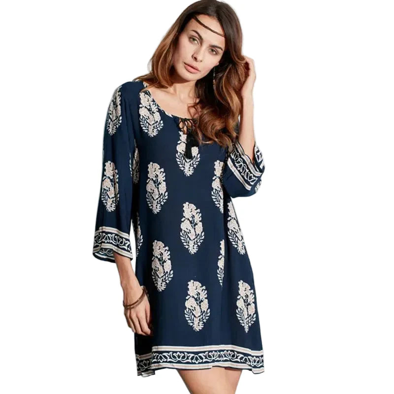 Woman 3/4 Sleeve Lace Up Long Tops