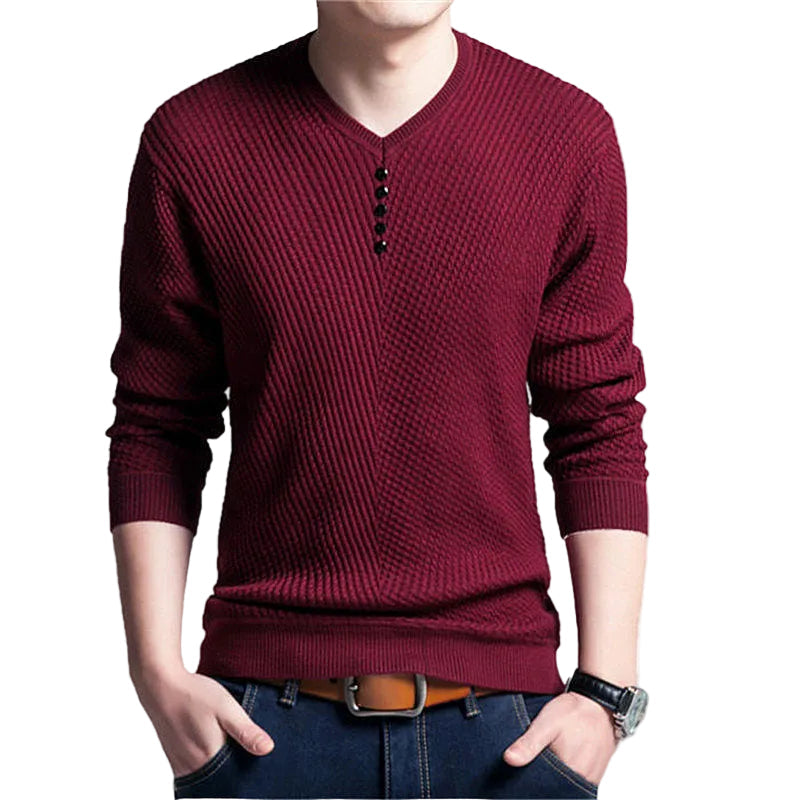 Men Long Sleeve Slim Fit Casual Button V-Neck sweater