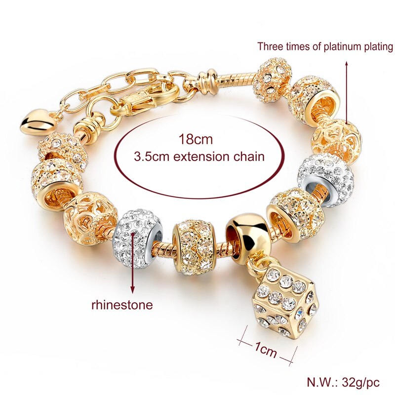 Women Gold Chunky Charm Crystal Bracelet