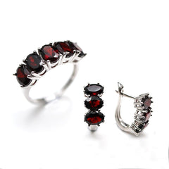 Women 925 Sterling Silver Garnet Oval Ring Earrings Set