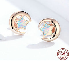 Sterling Silver 925  Moon and Star Opal Stud Earrings