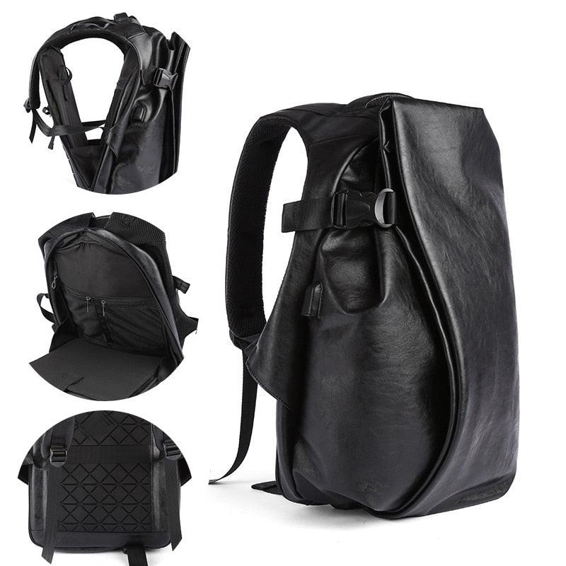 Men's Leather Travel USB Charge 15.6 Laptop Black Backpack