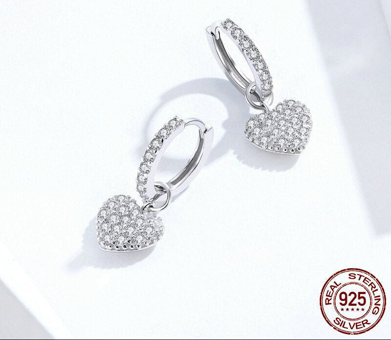 Sterling Silver 925 Shining Heart Dangle Earrings Zircon Drop Earrings