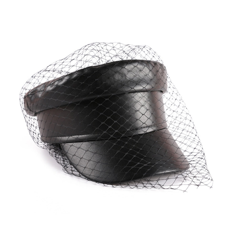 Women Leather Black Military Veiled Flat Cap
