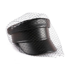 Women Leather Black Military Veiled Flat Cap