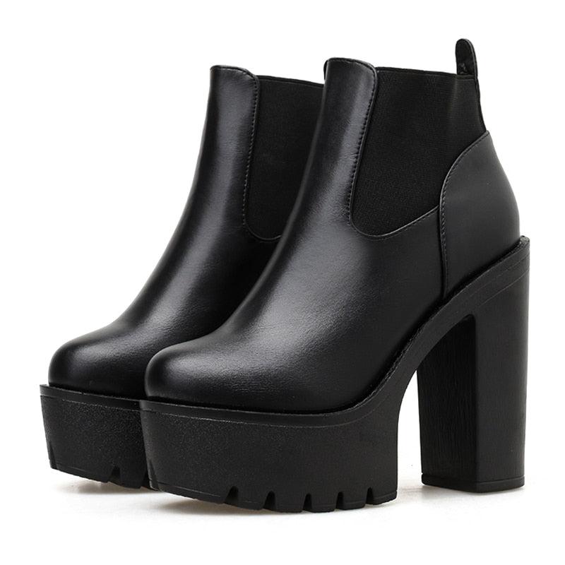 Women  Black Leather Platform Square Heel Boots
