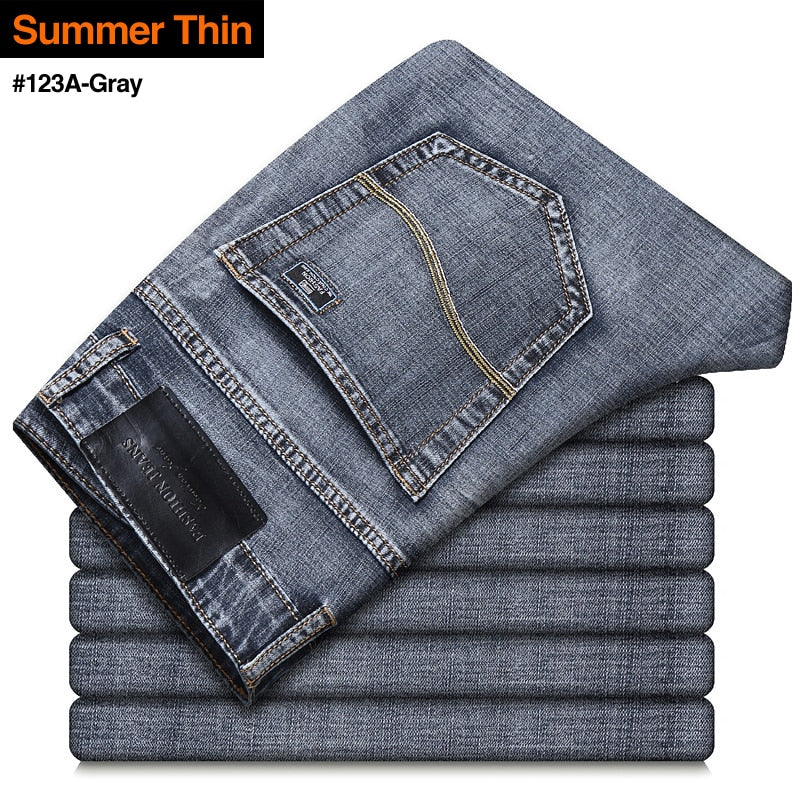 Men Grey Thin Straight Stretch Denim Jeans