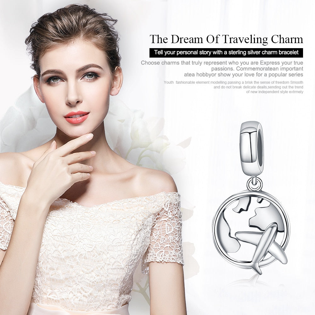 Sterling Silver 925 Traveling Dream Map & Plane Charm Pendant