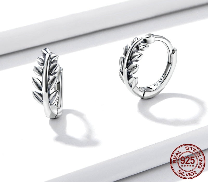 Sterling Silver 925 Leaf Ear Buckles Hoop Earrings