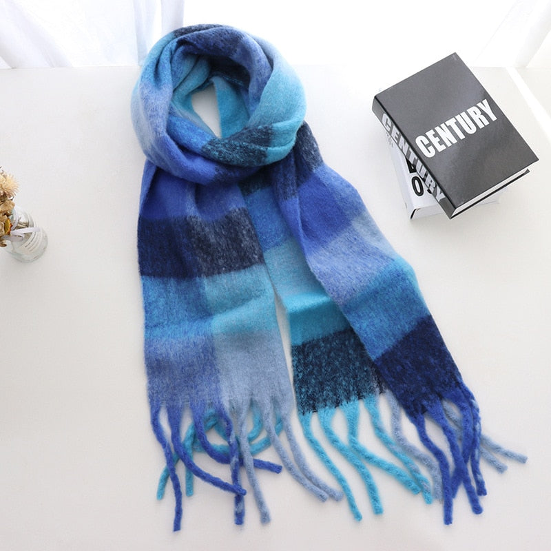 Women Cashmere Plaid Tassels Shawl Scarf