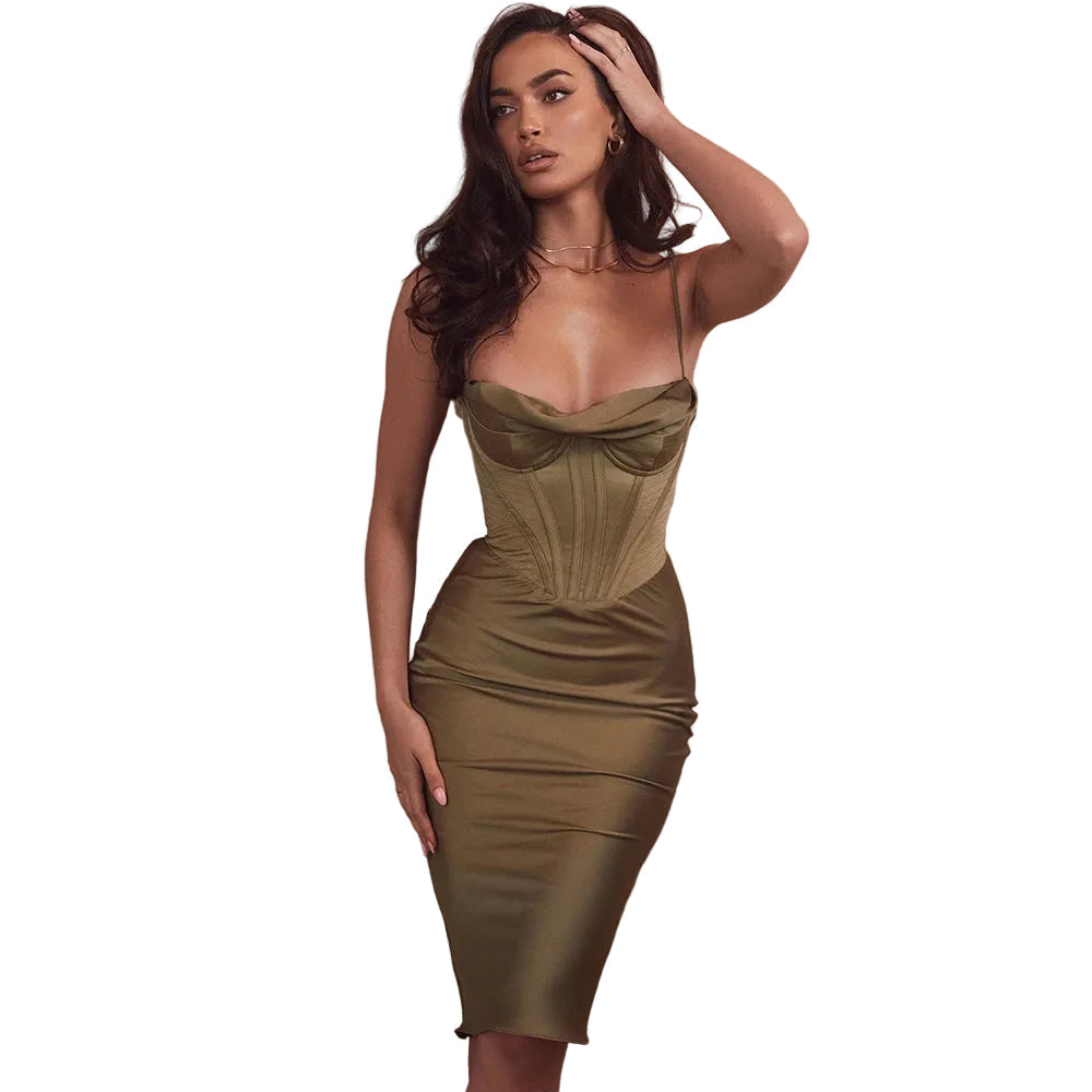 Women Elegant Satin Deep V Sleeveless Midi Dress