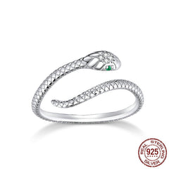 Woman Accessories Sterling Silver 925 Platinum Plated Green Zircon Snake Ring