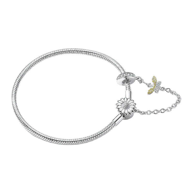 Sterling Silver 925 Women 3mm Snake Charm Bracelet with Sunflower Safety Chain