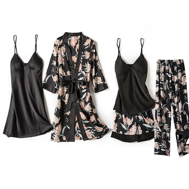 Women Satin Print Flower Robe Sleepwear