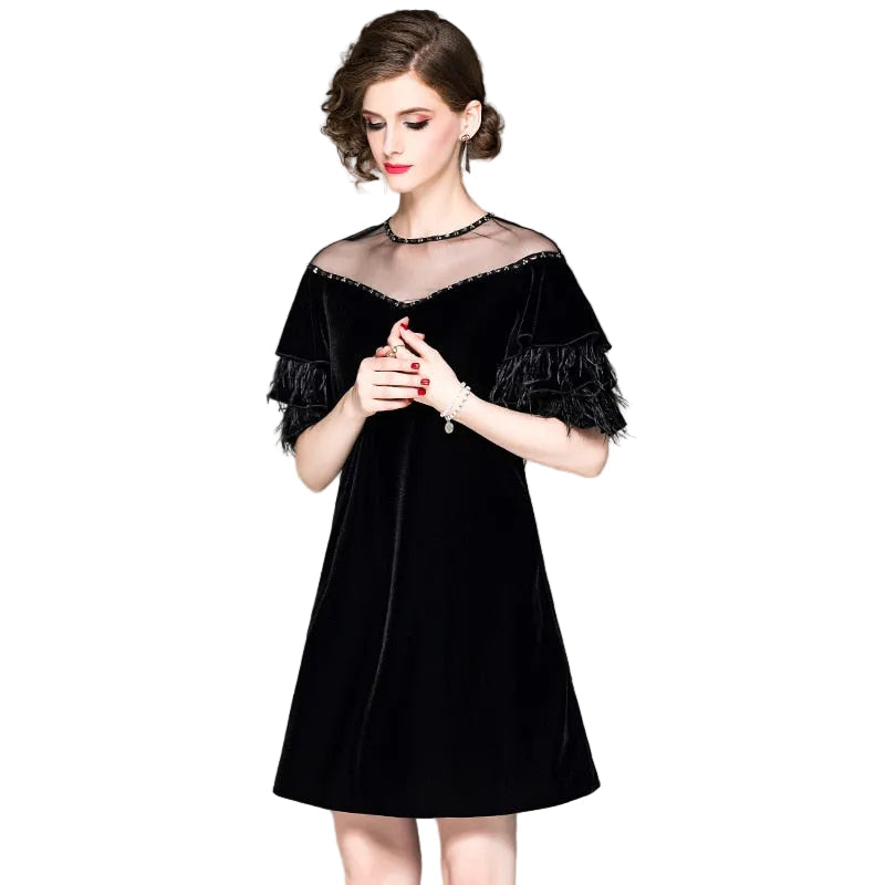 Women Velvet Beaded Round Neck Ostrich Feather Lotus Leaf Sleeve Dress