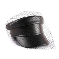 Women Leather Black Military Veiled Flat Cap