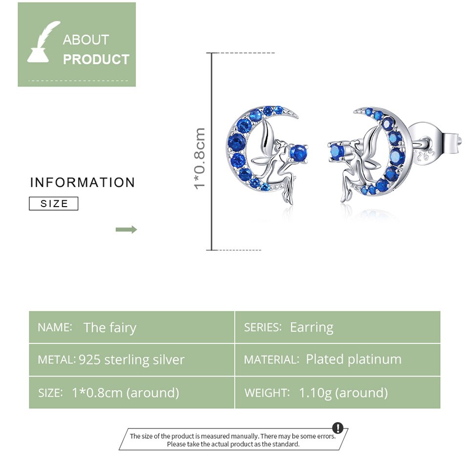 Sterling Silver 925 Women Fairy Blue Moon Stud Earrings
