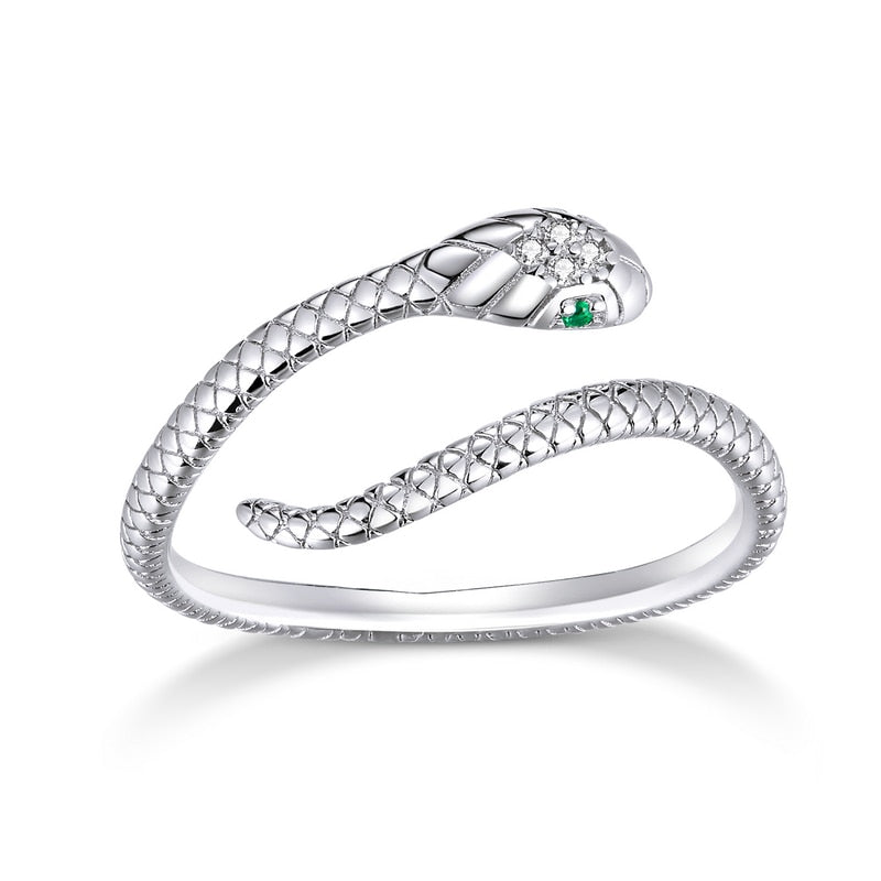 Woman Accessories Sterling Silver 925 Platinum Plated Green Zircon Snake Ring