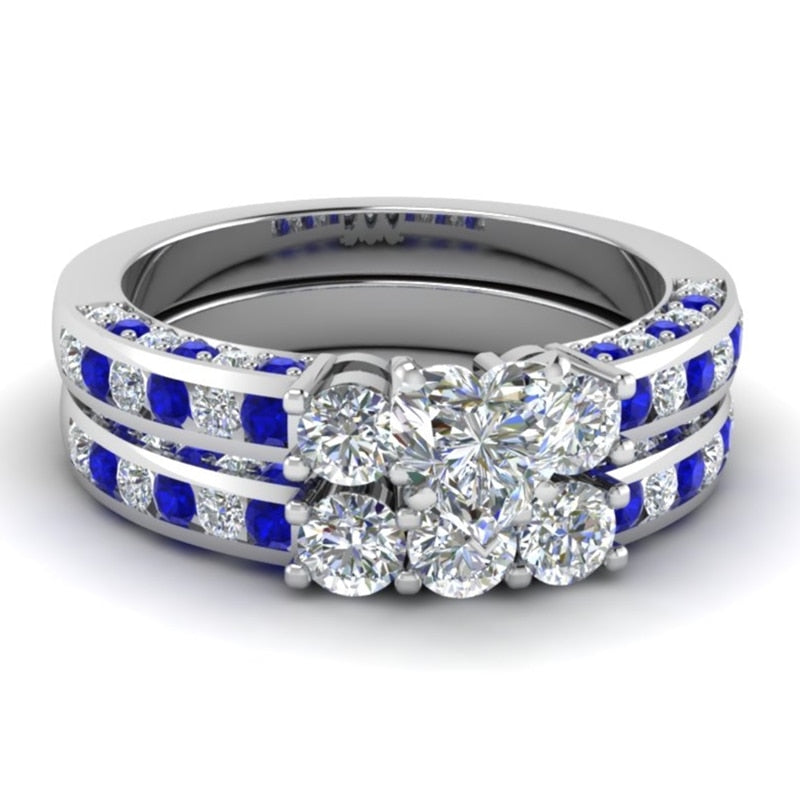 Stainless Steel Blue 8mm Unisex Heart Crystal CZ Ring Sets