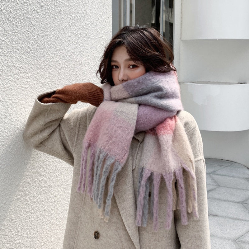 Women Cashmere Plaid Tassels Shawl Scarf