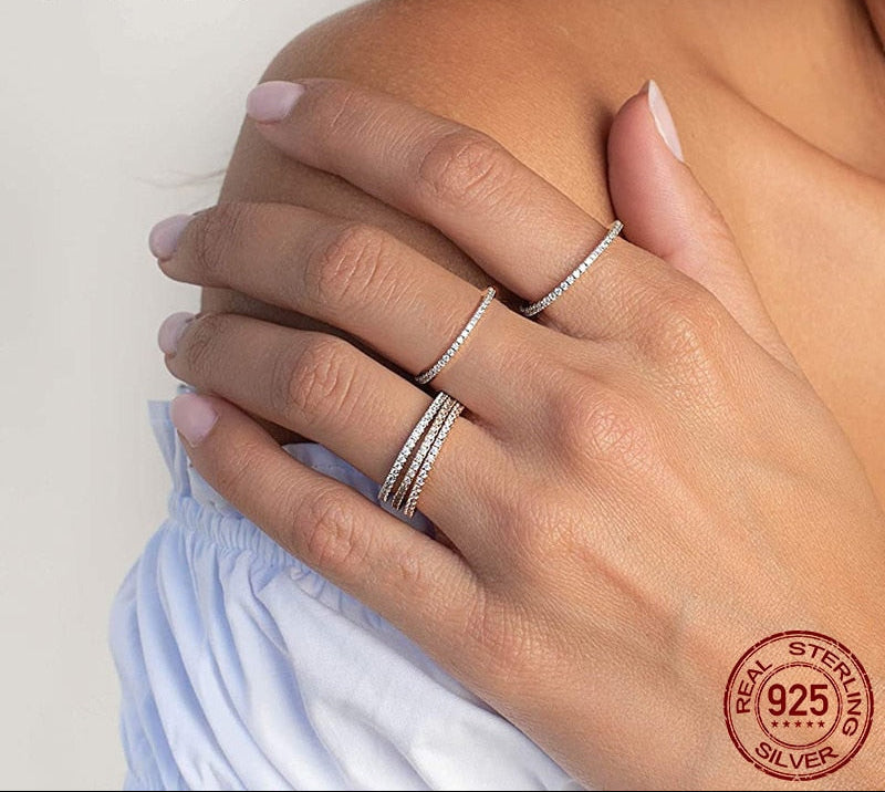 Sterling Silver 925 Circle Clear CZ Geometric Stackable Rings