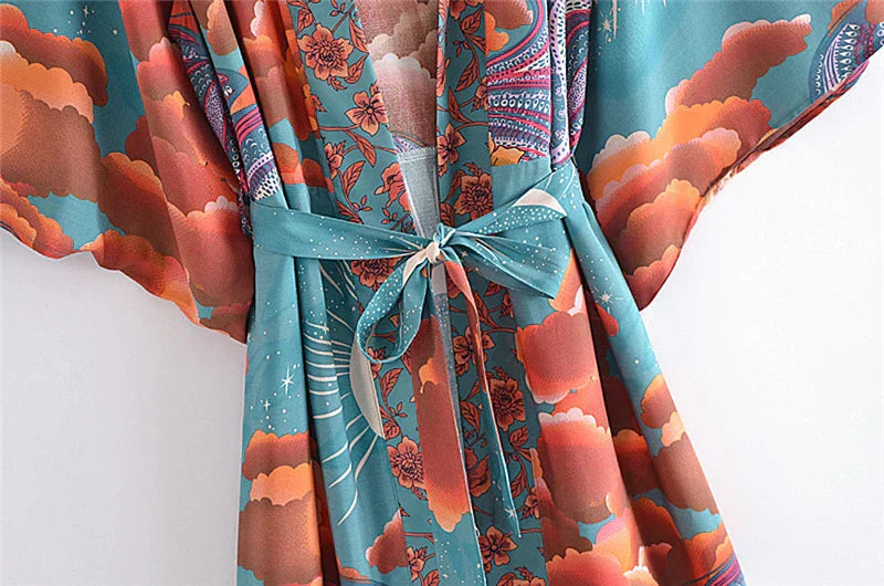 Women Star Floral Print Bat Sleeve Beach Kimono Dresses