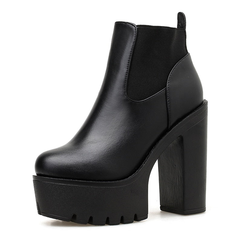 Women  Black Leather Platform Square Heel Boots