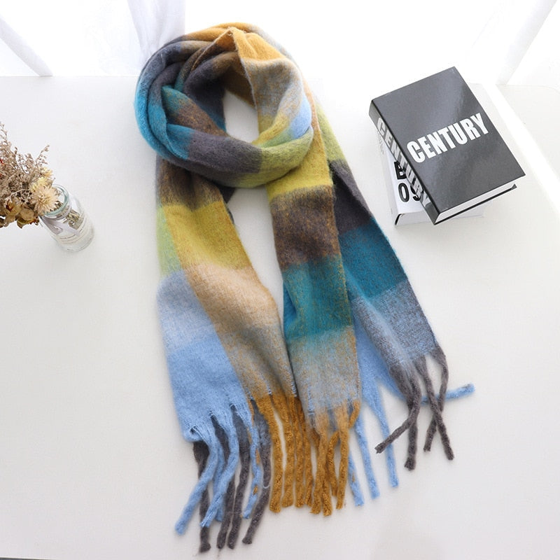 Women Cashmere Plaid Tassels Shawl Scarf