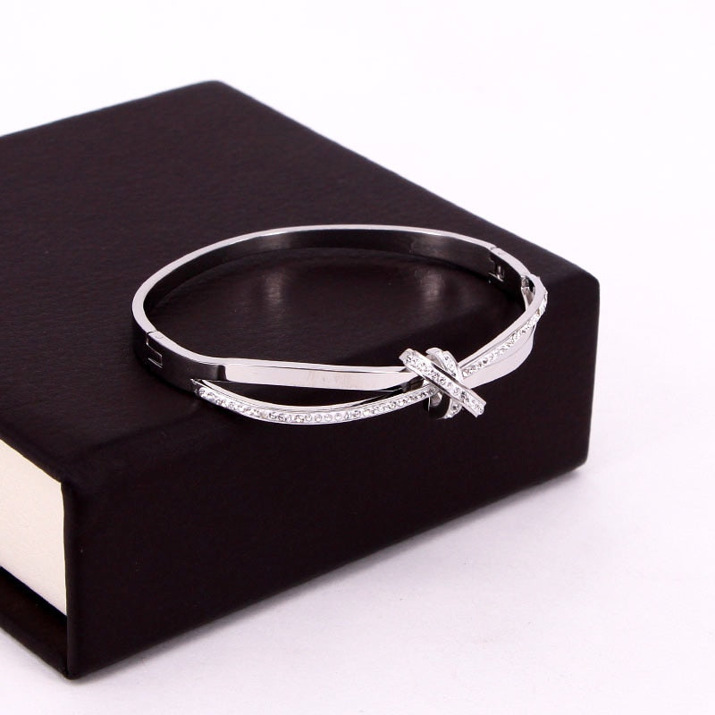 Women Stainless Steel Gold/Rose/ Silver plated Cross Semicircle Zircon Bracelet
