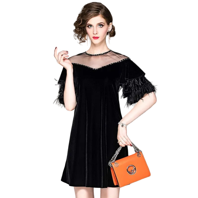 Women Velvet Beaded Round Neck Ostrich Feather Lotus Leaf Sleeve Dress