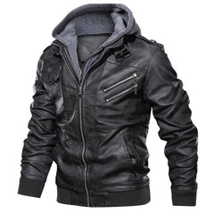 Men Winter Leather Hooded Motorcycle Jacket