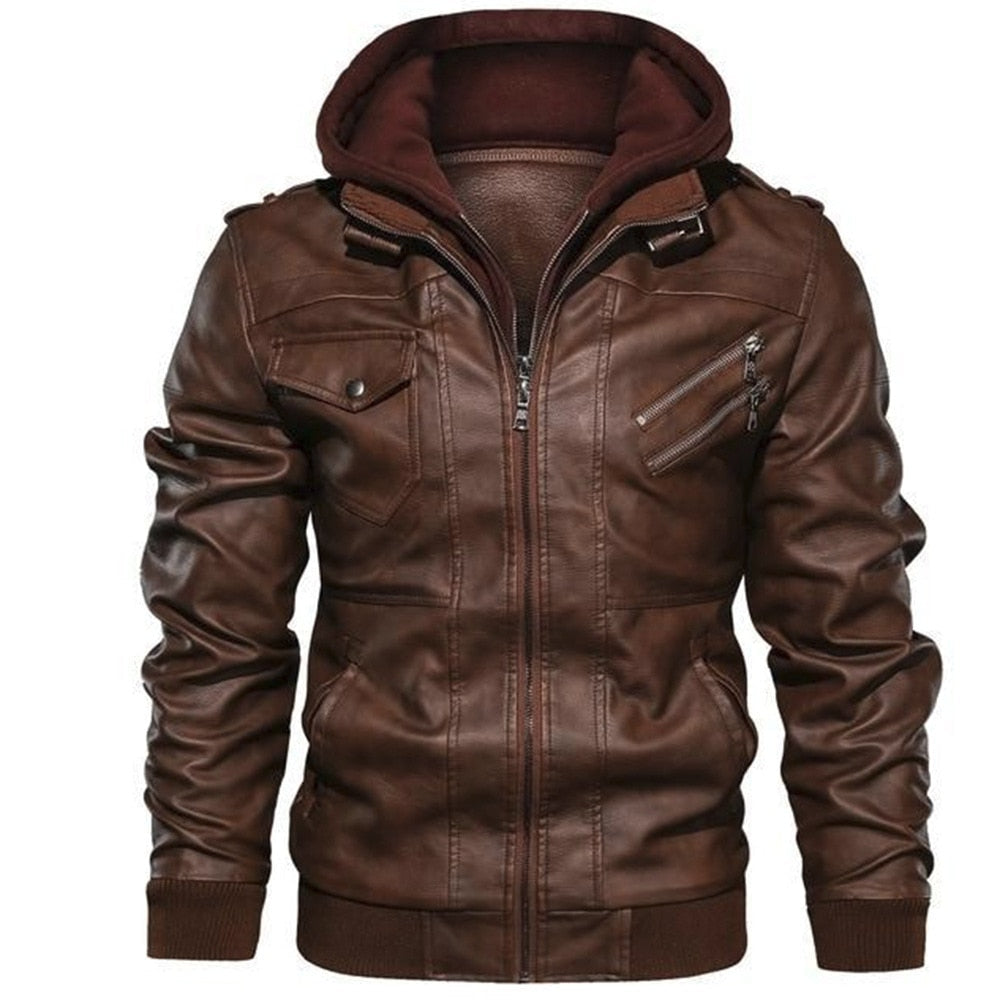 Men Winter Leather Hooded Motorcycle Jacket