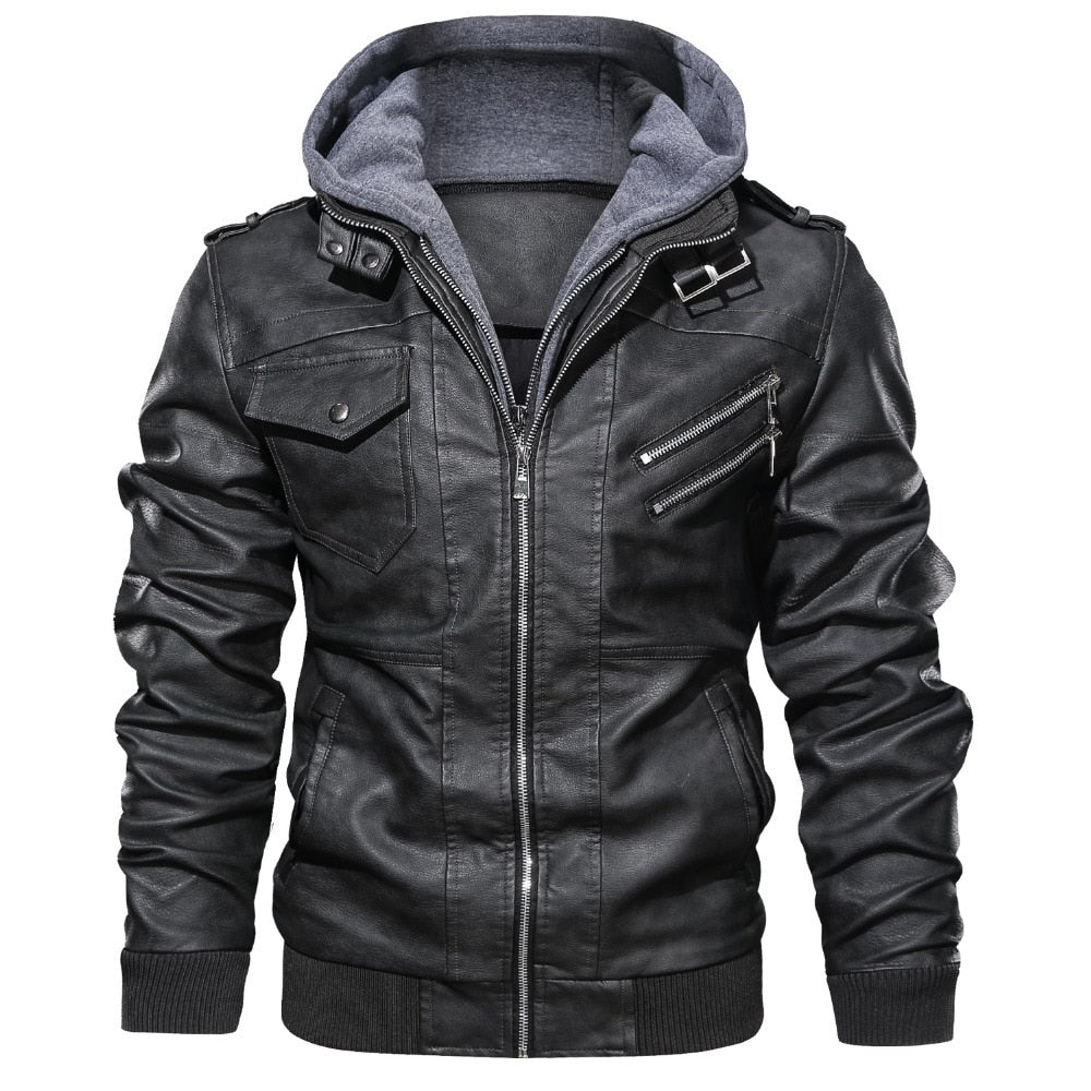 Men Winter Leather Hooded Motorcycle Jacket