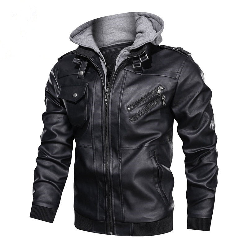 Men Winter Leather Hooded Motorcycle Jacket