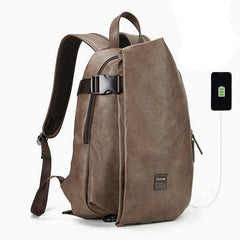 Men's Leather Travel USB Charge 15.6 Laptop Black Backpack