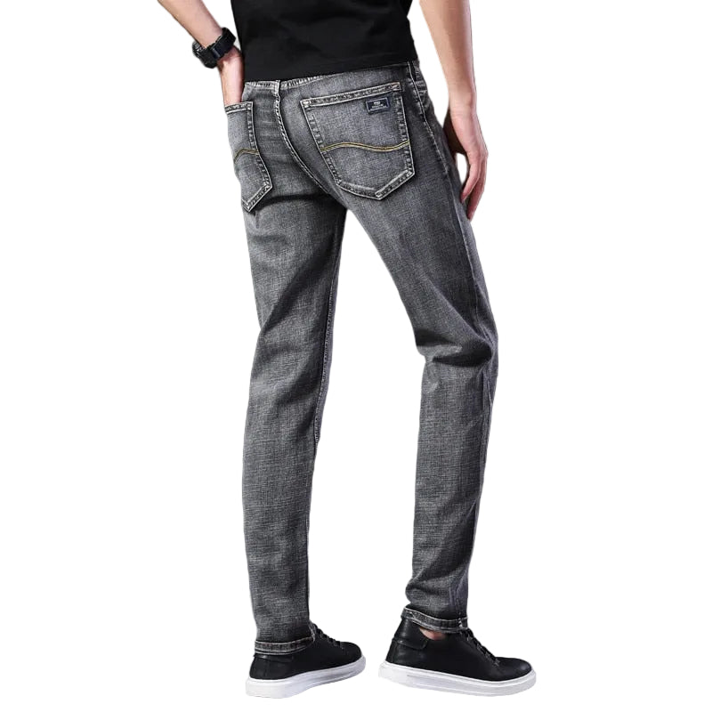 Men Grey Thin Straight Stretch Denim Jeans