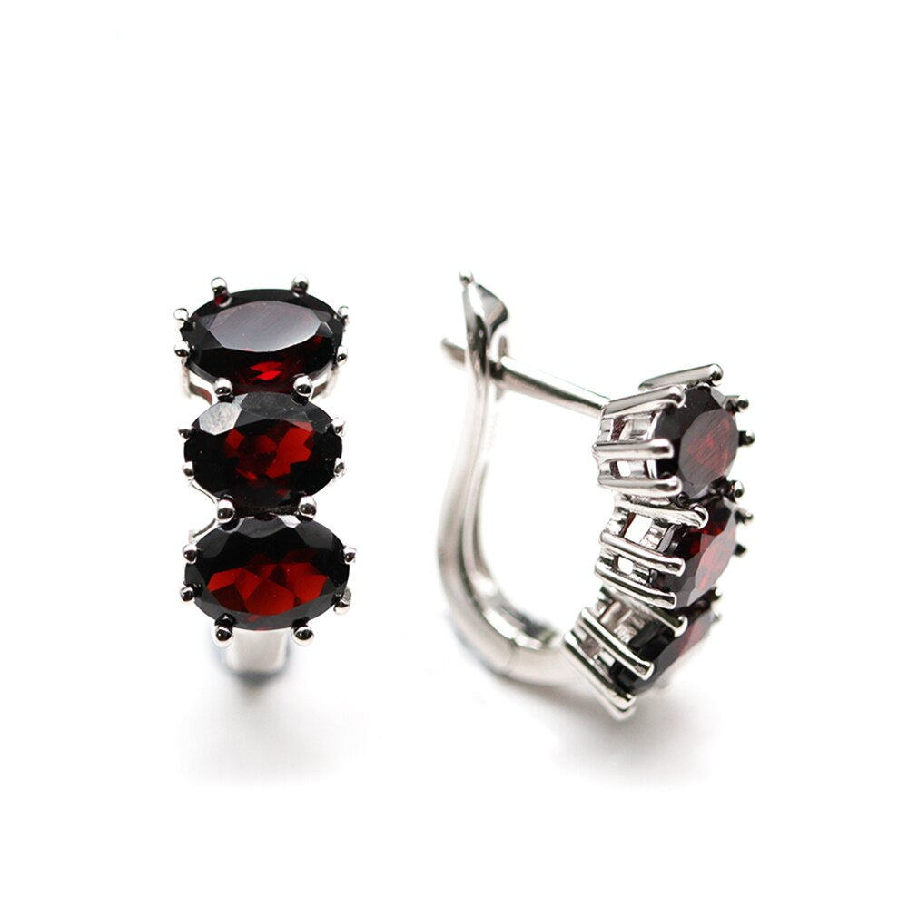 Women 925 Sterling Silver Garnet Oval Ring Earrings Set