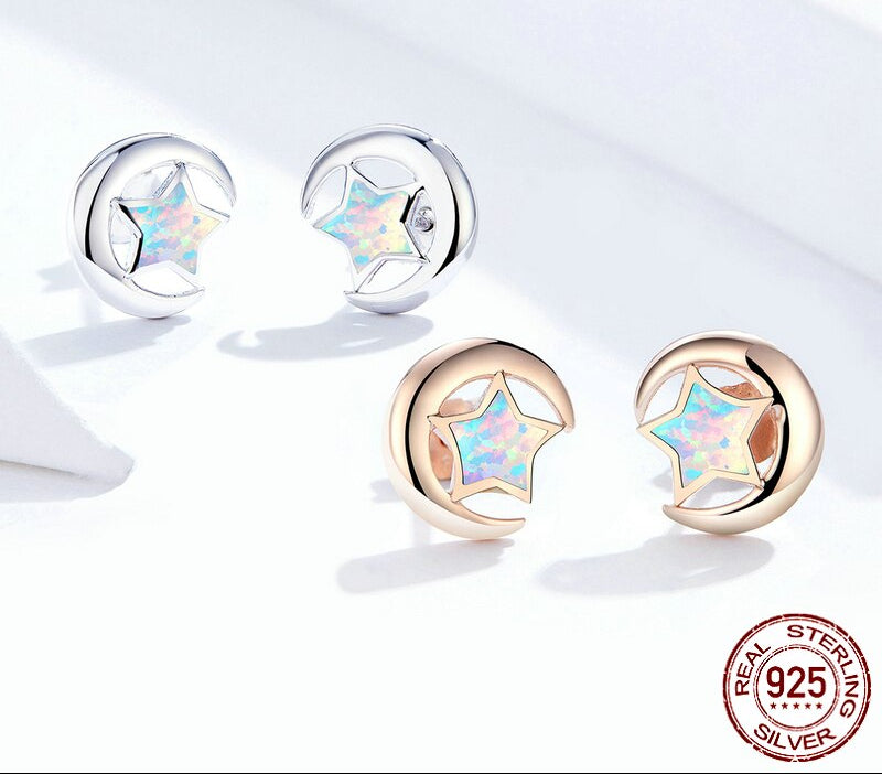 Sterling Silver 925  Moon and Star Opal Stud Earrings