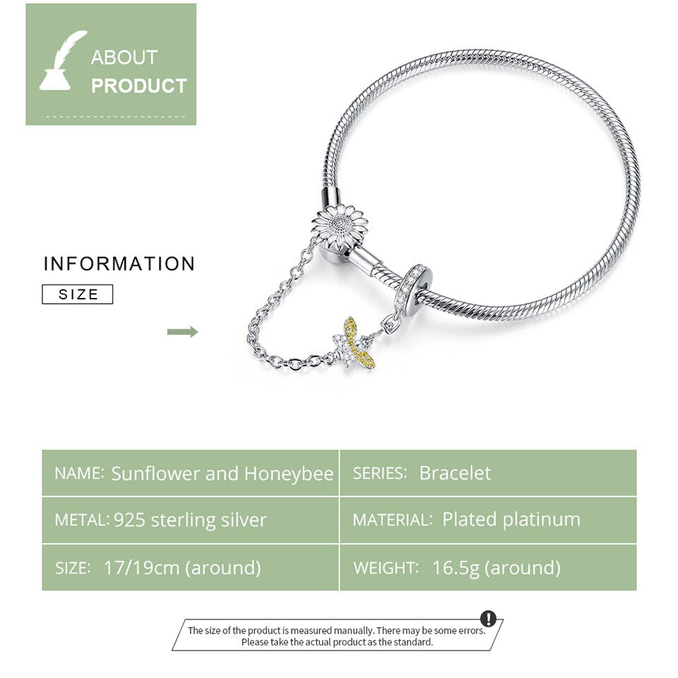 Sterling Silver 925 Women 3mm Snake Charm Bracelet with Sunflower Safety Chain